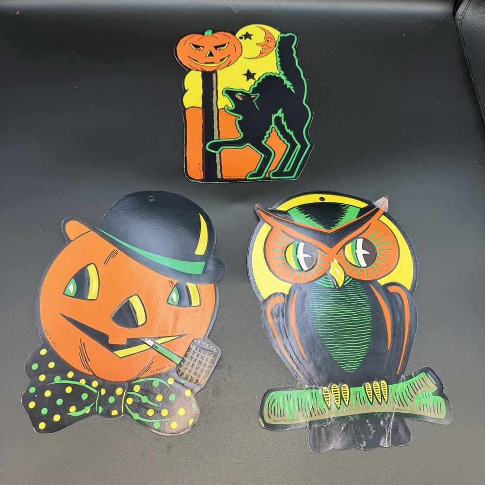 Lot Of 3 Vintage Beistle Die‎ Cut Cat Owl Pumpkin Halloween 9"